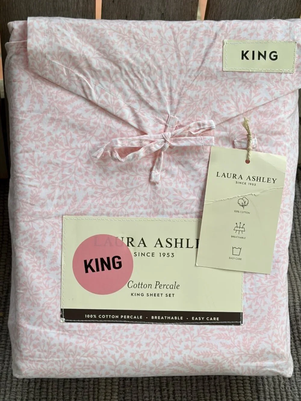 Laura Ashley King Size SWEETWATER VINE PINK Sheet Set Crisp Cool Cotton Percale